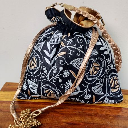 Elegant Black Chikankari Tussar Silk Potli Bag